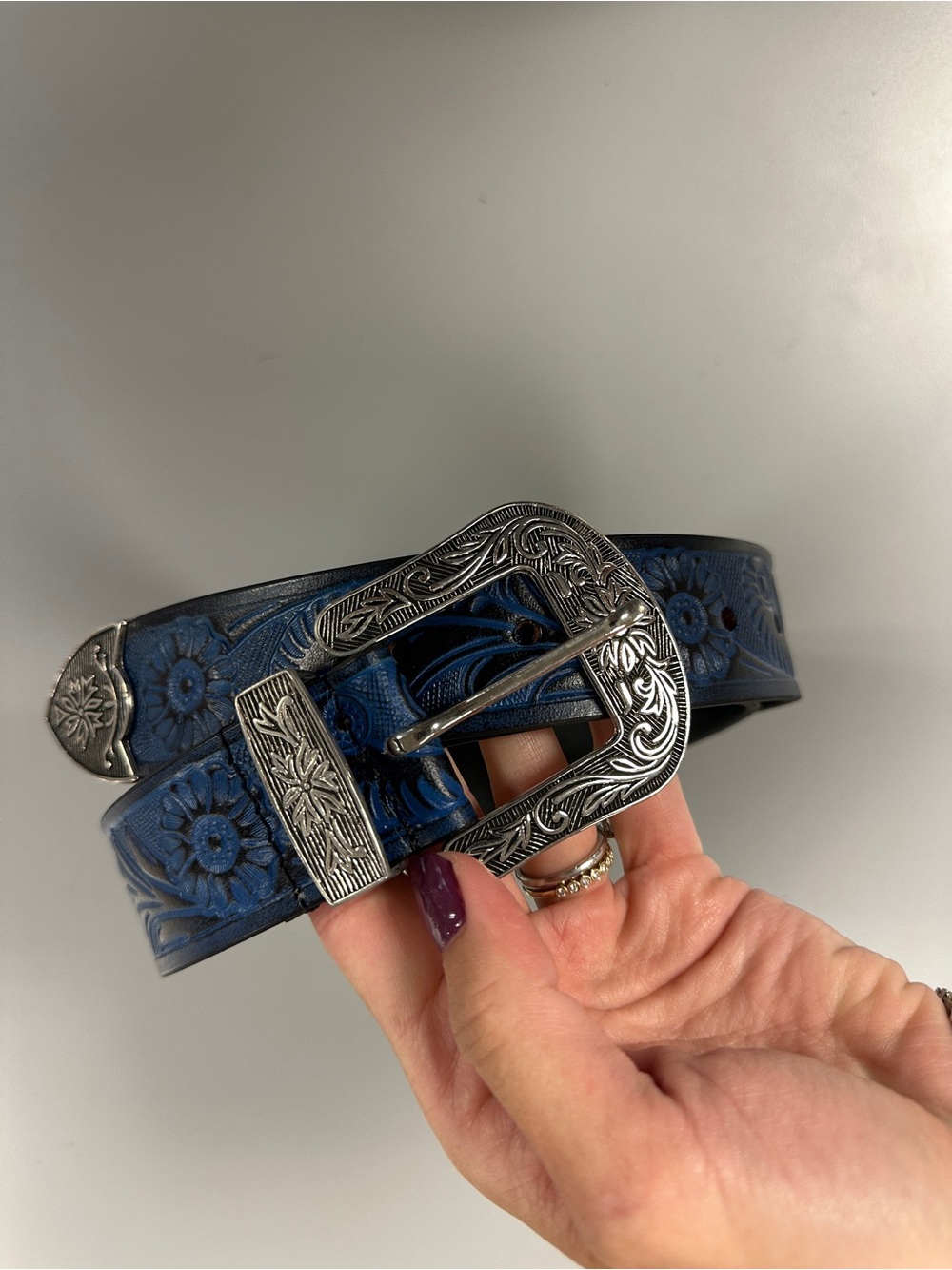 Tooled Floral Leather Belt with Engraved Silver Buckle - Blue